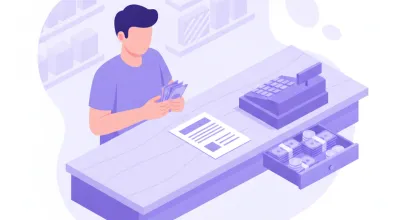 Ilustración de un empleado de comercio contando billetes junto a una planilla de arqueo de caja sobre el mostrador, con el cajón de dinero abierto al lado