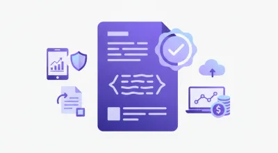 Ilustración flat de un comprobante fiscal digital CFDI con elementos del SAT, XML y facturación electrónica en México, en tonos violeta y azul