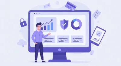 Ilustración flat vector de un empresario PyME registrando su actividad ante la autoridad fiscal argentina, con íconos de factura A, IVA y ganancias en paleta violeta y azul