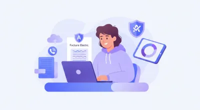 Emprendedor argentino generando link de pago en celular y factura automática en notebook, estilo flat vector violeta azul