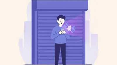 Ilustración de un empleado mirando el celular con la notificación de una alarma frente a la persiana cerrada de un local comercial de noche