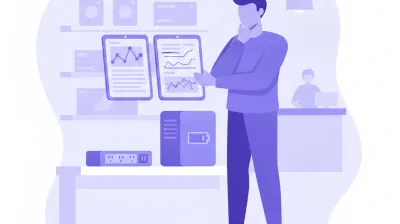Ilustración de una persona comparando dos fichas técnicas de un estabilizador y una UPS antes de elegir cuál comprar para el comercio