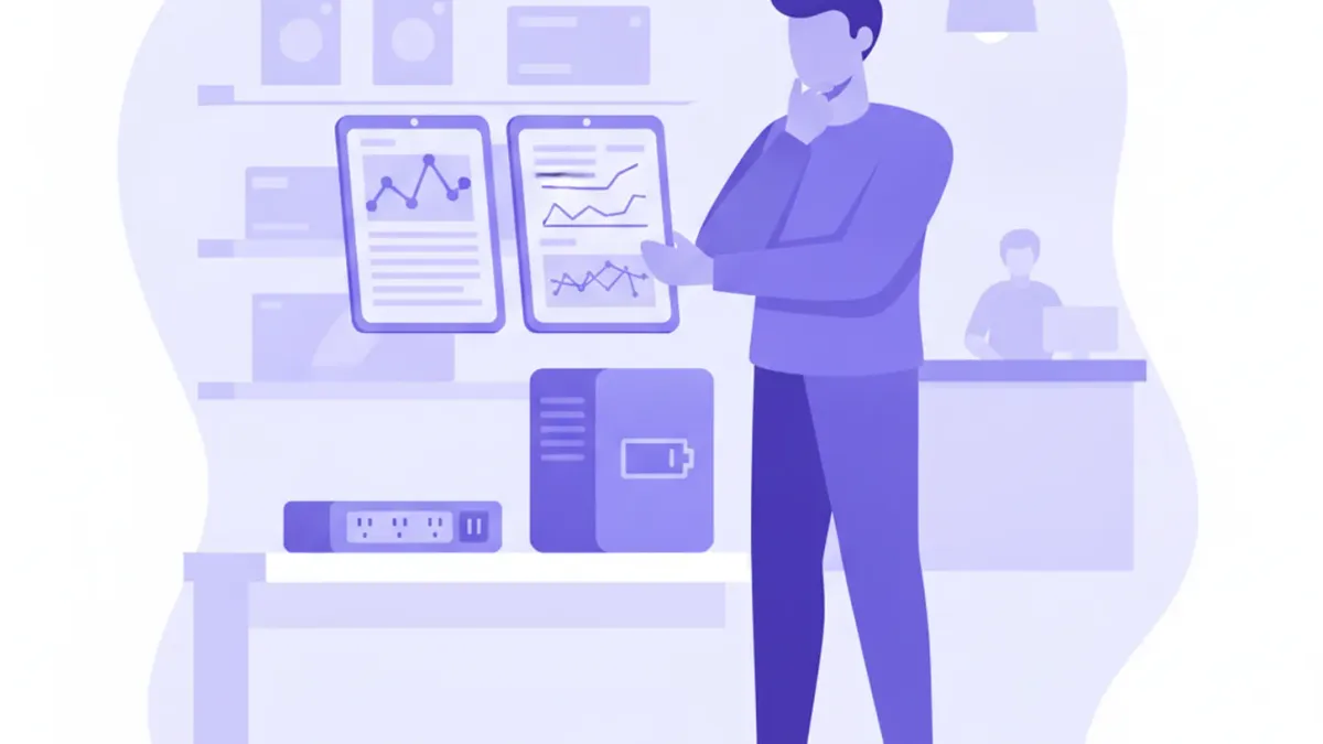 Ilustración de una persona comparando dos fichas técnicas de un estabilizador y una UPS antes de elegir cuál comprar para el comercio