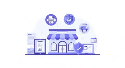 Ilustración vectorial de una tienda online con íconos de facturación y impuestos en tonos violeta y azul