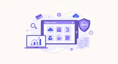 Ilustración flat vector violeta y azul de una tienda online con productos variados y logo ARCA