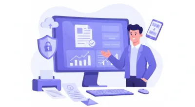 Ilustración flat vector de una PyME que genera y envía recibos de sueldo digitales desde una pantalla, con iconos de firma digital, sobre y archivo en la nube, en paleta violeta y azul.