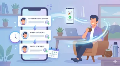 Smartphone mostrando una secuencia de mensajes automáticos de recordatorio de pago enviados a un cliente moroso