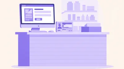 Ilustración de un mostrador con una PC mostrando un formulario de alta de cliente junto a un DNI apoyado sobre el mesón