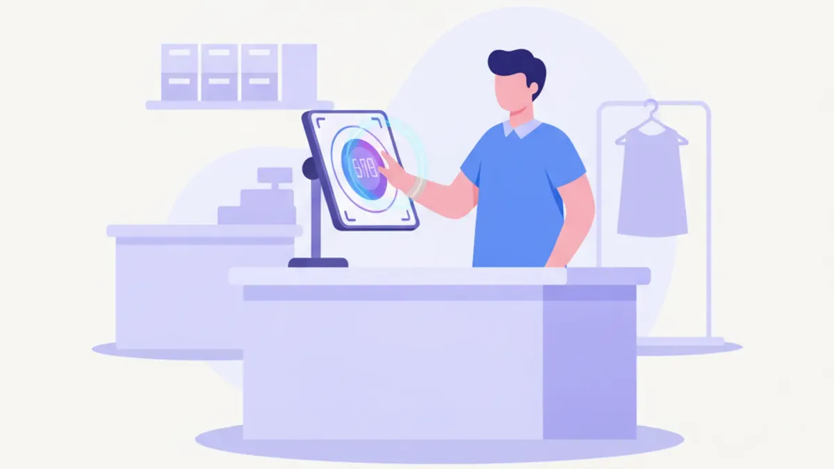 Ilustración de un empleado marcando su llegada en una pantalla con reconocimiento facial en el mostrador de un comercio