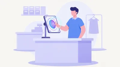 Ilustración de un empleado marcando su llegada en una pantalla con reconocimiento facial en el mostrador de un comercio