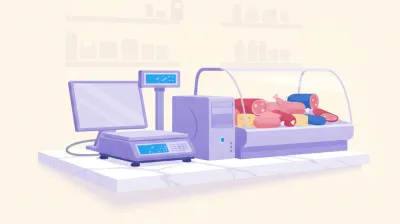 Ilustración de una balanza Systel Clipse sin mástil sobre el mostrador de una fiambrería, conectada por cable serie a una PC