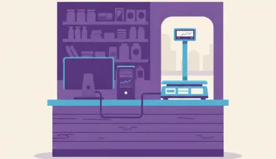 Ilustración de una balanza Systel Croma con mástil sobre el mostrador de un almacén, conectada por cable serie a una PC