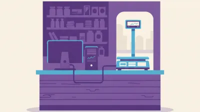 Ilustración de una balanza Systel Croma con mástil sobre el mostrador de un almacén, conectada por cable serie a una PC