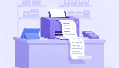 Ilustración de una impresora térmica Epson TM-T20 imprimiendo un ticket de venta en el mostrador de un comercio