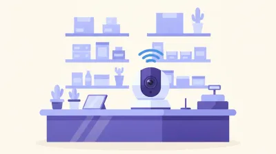 Ilustración de una cámara Imou Ranger 2C con base giratoria montada sobre el mostrador de un comercio, conectada por Wi-Fi