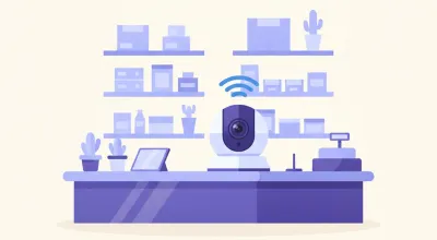 Ilustración de una cámara Imou Ranger 2C con base giratoria montada sobre el mostrador de un comercio, conectada por Wi-Fi