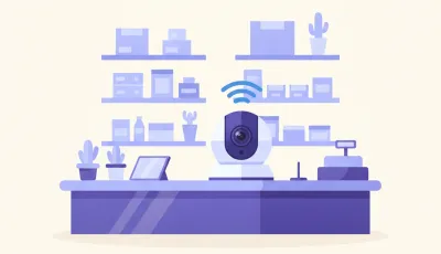 Ilustración de una cámara Imou Ranger 2C con base giratoria montada sobre el mostrador de un comercio, conectada por Wi-Fi