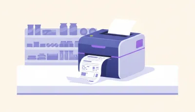 Ilustración de una impresora térmica Xprinter de 80 mm sobre el mostrador de un kiosco, con un ticket saliendo del rodillo