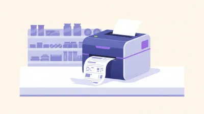 Ilustración de una impresora térmica Xprinter de 80 mm sobre el mostrador de un kiosco, con un ticket saliendo del rodillo