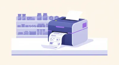 Ilustración de una impresora térmica Xprinter de 80 mm sobre el mostrador de un kiosco, con un ticket saliendo del rodillo