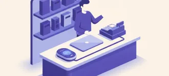 Ilustración de un lector de huella digital DigitalPersona U.are.U 4500 conectado por USB junto a una notebook en el mostrador de un comercio
