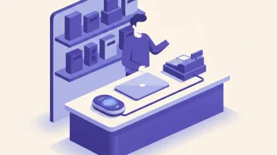 Ilustración de un lector de huella digital DigitalPersona U.are.U 4500 conectado por USB junto a una notebook en el mostrador de un comercio