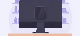 Ilustración de una mini PC genérica sin marca atornillada detrás de un monitor en el mostrador de un comercio chico