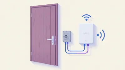 Ilustración de un relé de red Wi-Fi tipo Shelly instalado junto a una cerradura eléctrica en la puerta del depósito de un comercio