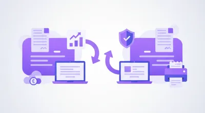 Ilustración flat vector de retenciones y percepciones impositivas en Argentina: flujo de dinero entre empresas con íconos de facturas y flechas en tonos violeta y azul