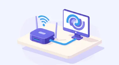 Ilustración de un router 4G con antena junto a la PC de un mostrador de comercio, mostrando la señal celular como conexión de respaldo