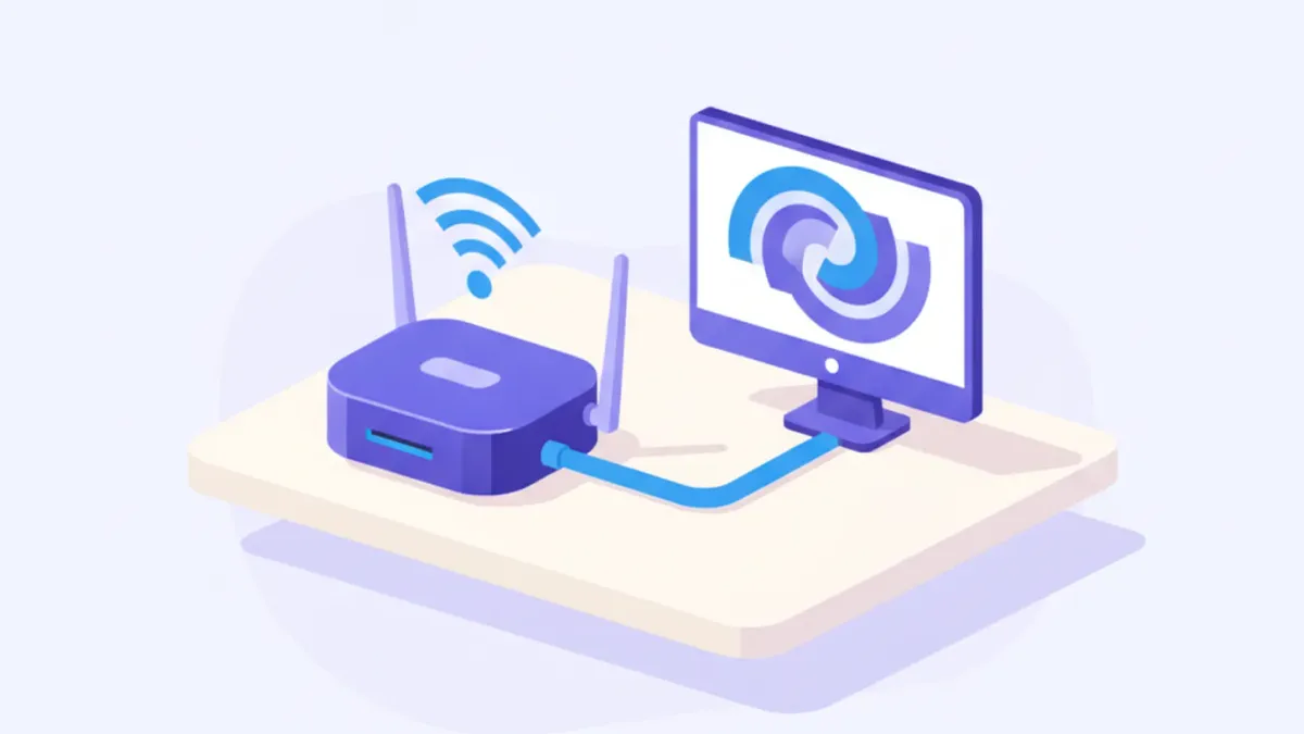 Ilustración de un router 4G con antena junto a la PC de un mostrador de comercio, mostrando la señal celular como conexión de respaldo