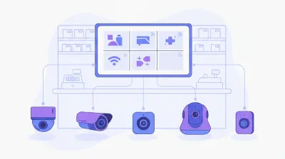 Ilustración de cinco cámaras de seguridad distintas conectadas a una misma pantalla de sistema mostrando sus streams de video RTSP