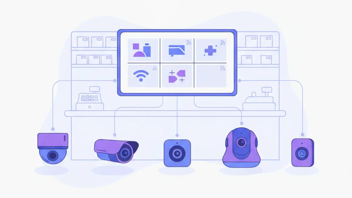 Ilustración de cinco cámaras de seguridad distintas conectadas a una misma pantalla de sistema mostrando sus streams de video RTSP