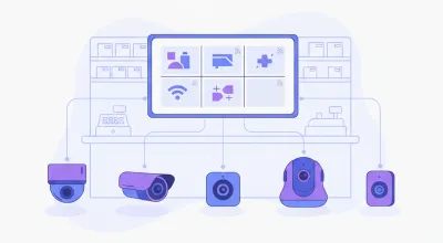 Ilustración de cinco cámaras de seguridad distintas conectadas a una misma pantalla de sistema mostrando sus streams de video RTSP