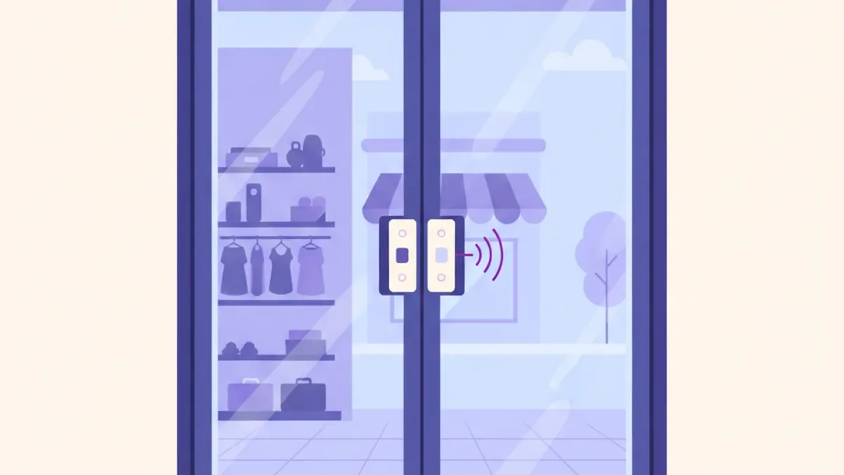 Ilustración de un sensor de apertura magnético instalado en el marco y la hoja de una puerta de local comercial