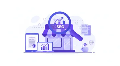 Ilustración vectorial de una tienda online con lupa de SEO en tonos violeta y azul