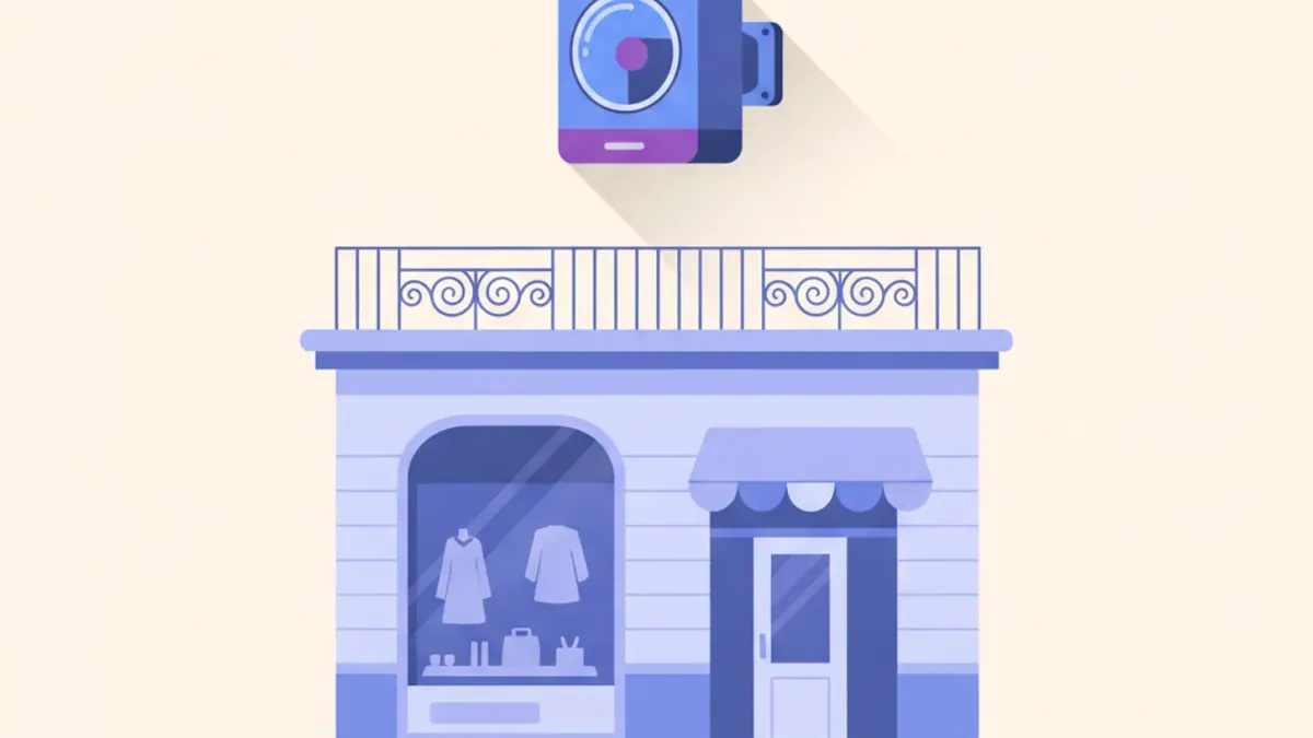 Ilustración de una sirena de alarma exterior con destellador montada en lo alto de la fachada de un comercio