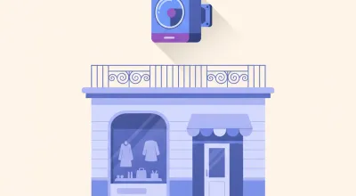Ilustración de una sirena de alarma exterior con destellador montada en lo alto de la fachada de un comercio