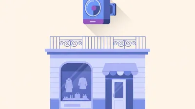 Ilustración de una sirena de alarma exterior con destellador montada en lo alto de la fachada de un comercio