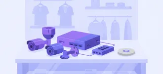 Ilustración de un kit completo de cámaras de seguridad para un comercio: cámaras, grabador NVR, switch de red y disco duro