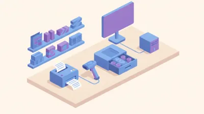 Ilustración del mostrador de un kiosco con lector de código de barras, impresora térmica, cajón de dinero y una mini PC conectada al sistema