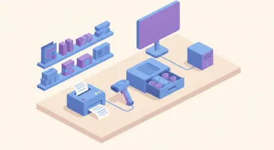 Ilustración del mostrador de un kiosco con lector de código de barras, impresora térmica, cajón de dinero y una mini PC conectada al sistema