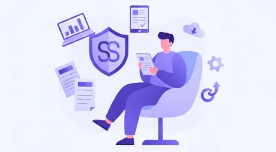Ilustración vectorial de trabajador uruguayo con baja médica y trámite ante BPS, en tonos violeta y azul