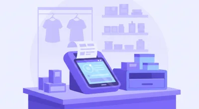 Ilustración de una terminal Android Sunmi con impresora térmica integrada apoyada sobre el mostrador de un comercio chico