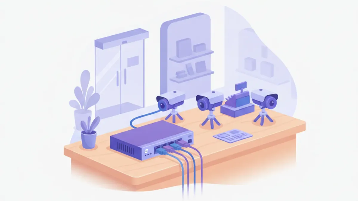 Ilustración de un switch PoE de escritorio alimentando varias cámaras de seguridad conectadas por cable de red en el mostrador de un comercio