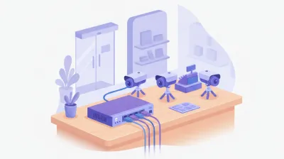 Ilustración de un switch PoE de escritorio alimentando varias cámaras de seguridad conectadas por cable de red en el mostrador de un comercio