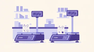 Ilustración comparando dos balanzas de la línea Systel Cuora, una imprimiendo ticket y otra imprimiendo etiqueta, en un mostrador