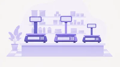 Ilustración comparando tres balanzas de mostrador, Systel, Kretz y CAS, una junto a la otra en un local comercial