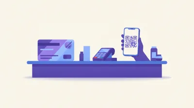 Ilustración de un mostrador con una tarjeta de fidelización plástica de un lado y un código QR en un celular del otro