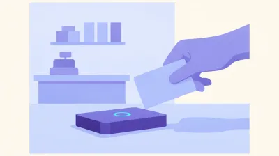 Ilustración de una mano acercando una tarjeta RFID a un lector sobre el mostrador de un comercio